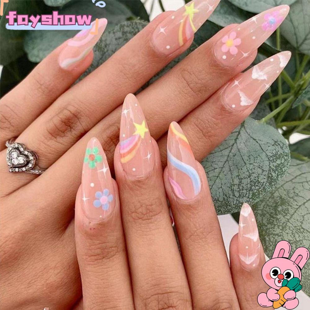 Hộp 24 Móng Tay Giả Họa Tiết Hoa Đính Đá Thời Trang Cho Nữ