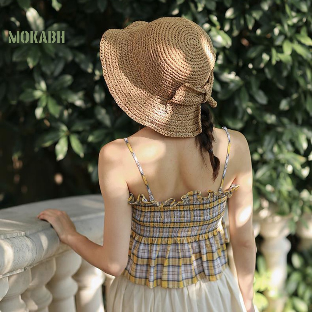 [Mok Abh] Mũ Rơm Thắt Nơ Màu Trơn Thoáng Khí Gấp Gọn Được Trang Trí Chống Nắng Mùa Hè Có Thể Giặt Rửa Cho Nữ