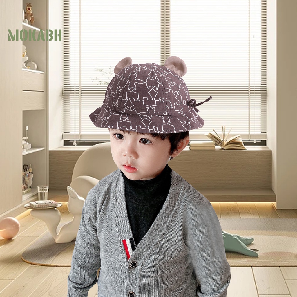 [Mok Abh] Mũ Ngư Dân Hình Tròn Mỏng Màu Tương Phản In Họa Tiết Gấu Hoạt Hình Có Thể Điều Chỉnh Bảo Vệ Tai Cho Trẻ Em
