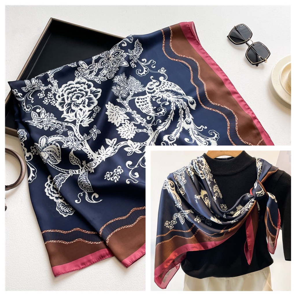 Khăn Quàng Cổ Chống Nắng Bằng Lụa Satin Họa Tiết Hoa / Thỏ Kích Thước Lớn 110cm