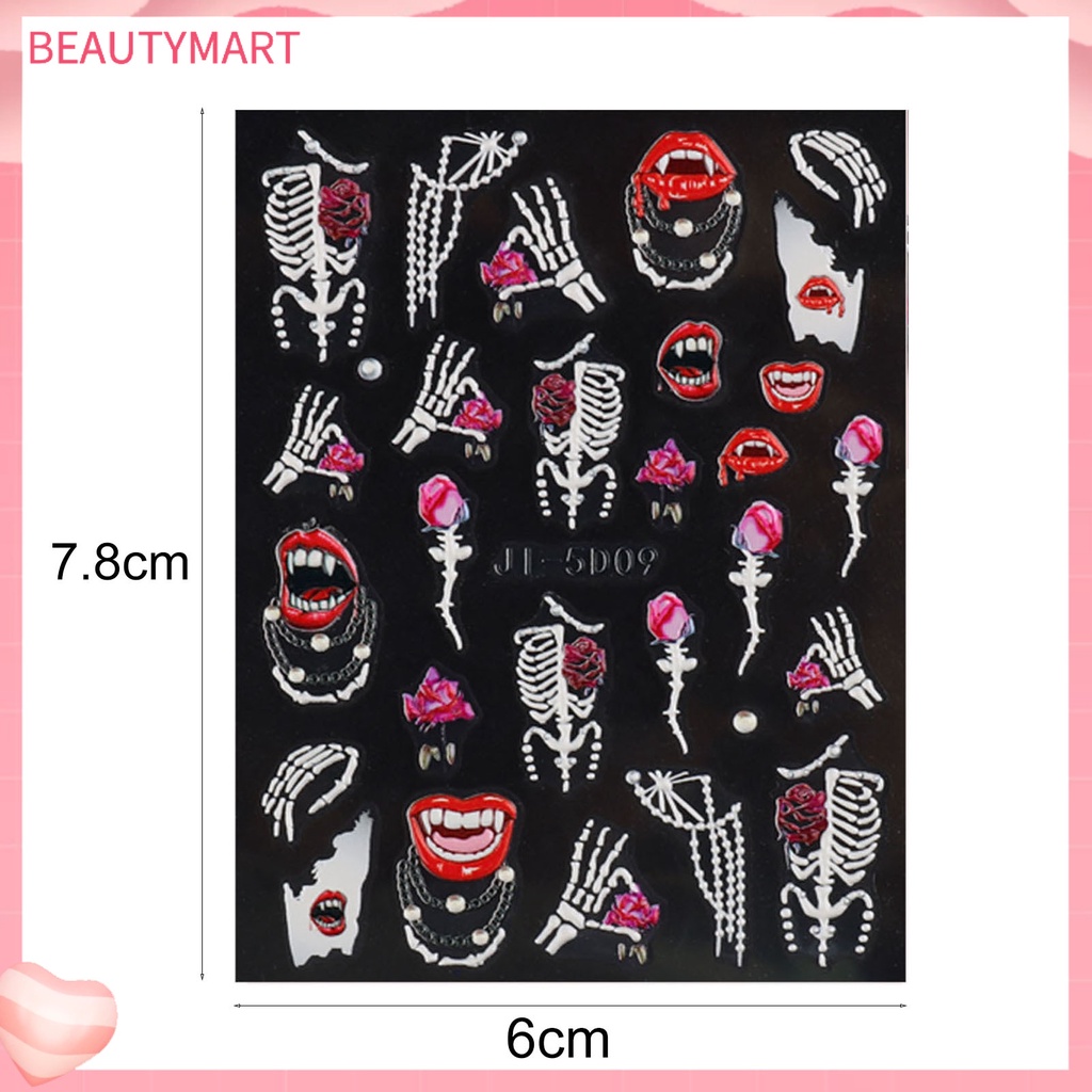 [beautymart] Nhãn Dán Móng Tay Bằng Resin Tự Dính Không Phai Màu Chống Nước Họa Tiết Kinh Dị Đầu Lâu