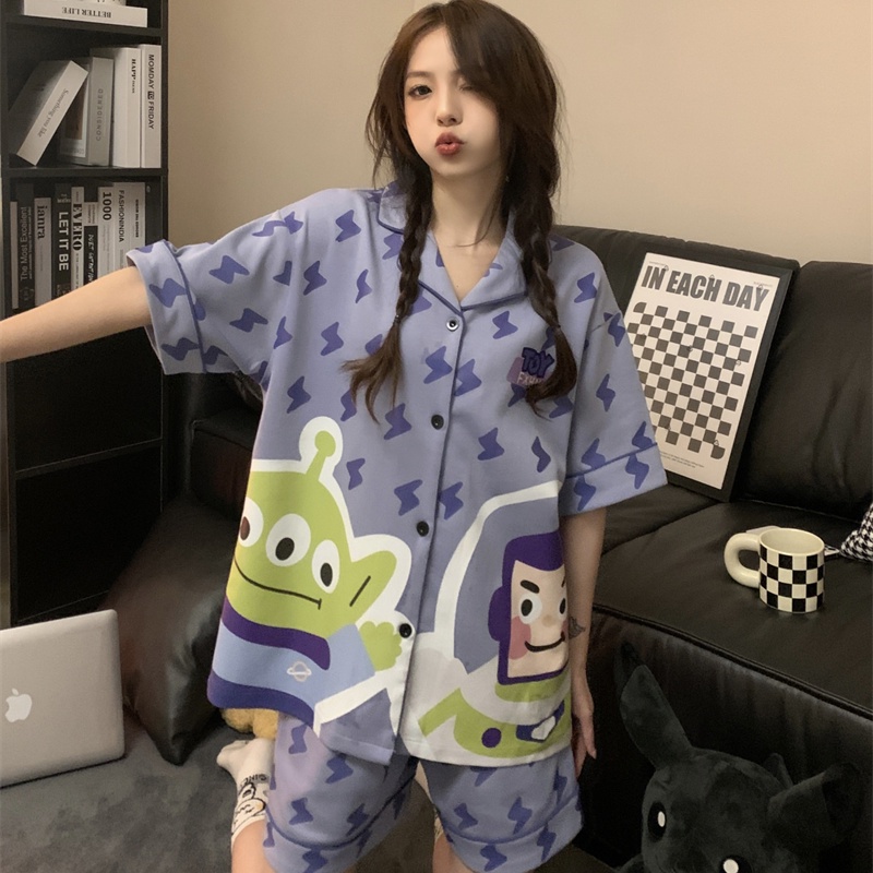 Bộ Đồ Ngủ Ngắn Tay Họa Tiết Hoạt Hình Người Ngoài Hành Tinh Thời Trang Mùa Hè Cho Nữ
