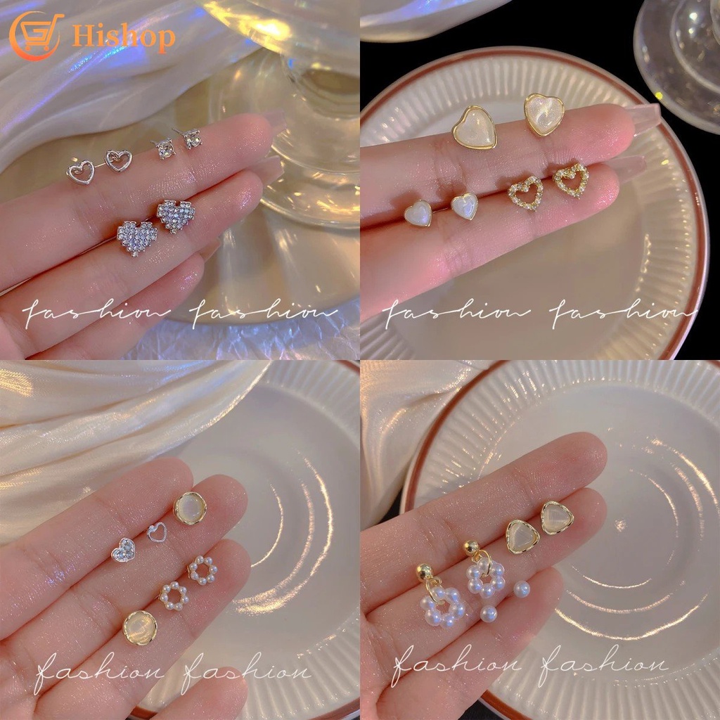 Set 3 Đôi Bông Tai Hình Trái Tim Đính Đá Thời Trang Cho Nữ