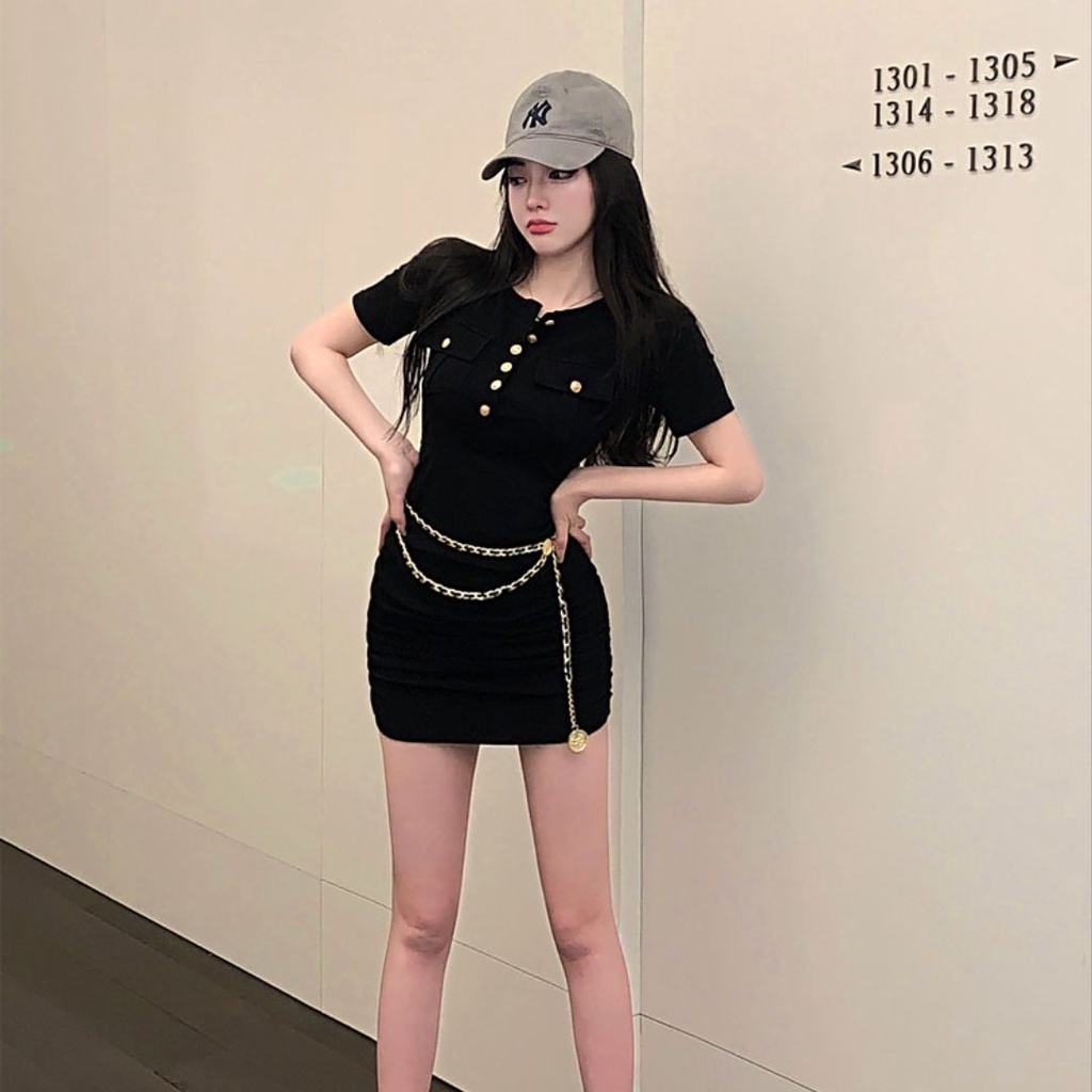 Đầm Đen Cổ Tròn Tay Ngắn Cài Nút Phong Cách Hepburn Pháp Thời Trang 2023