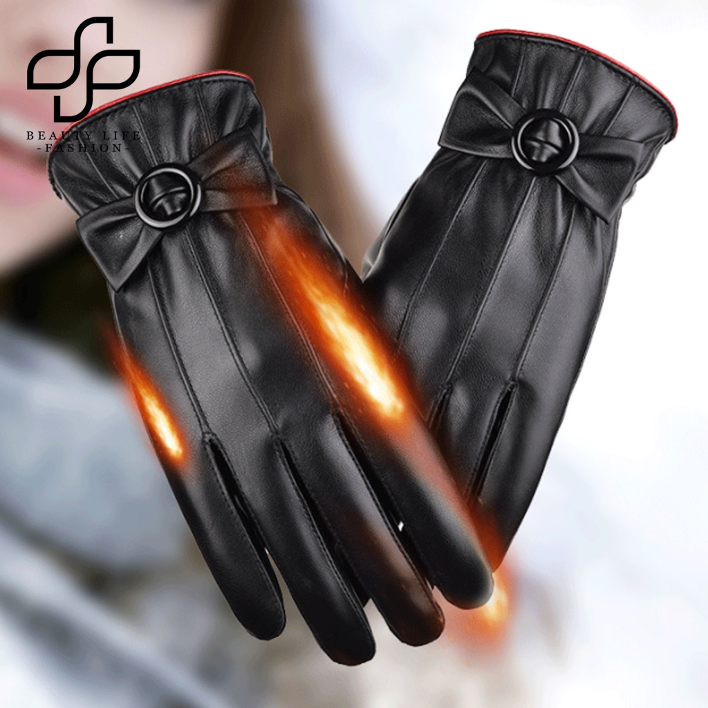 1 Đôi Găng Tay Da Giả Lót Lông Dày Dặn Chống Lạnh Có Thể Chạm Màn Hình Cảm Ứng Thời Trang Thu Đông Cho Nữ Ou