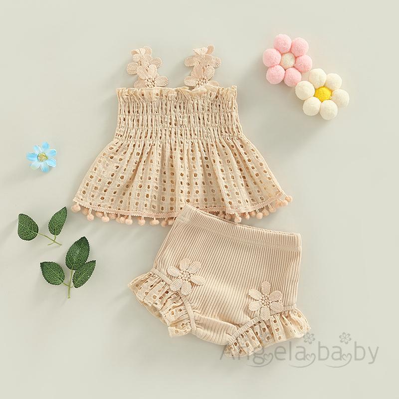 Set Đồ 2 Món Gồm Áo Không Tay Họa Tiết Hoa Khoét Lỗ + Quần Ngắn Bằng Vải Dệt Kim Cho Bé Gái 0-18 Tháng Tuổi