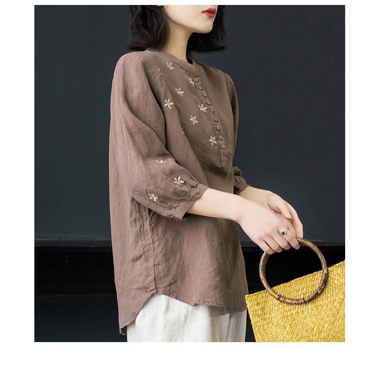 Áo Sơ Mi Vải Lanh cotton Ba Lỗ Thêu Hoa Màu Trơn Dáng Rộng Thời Trang Xuân Hè Cho Nữ