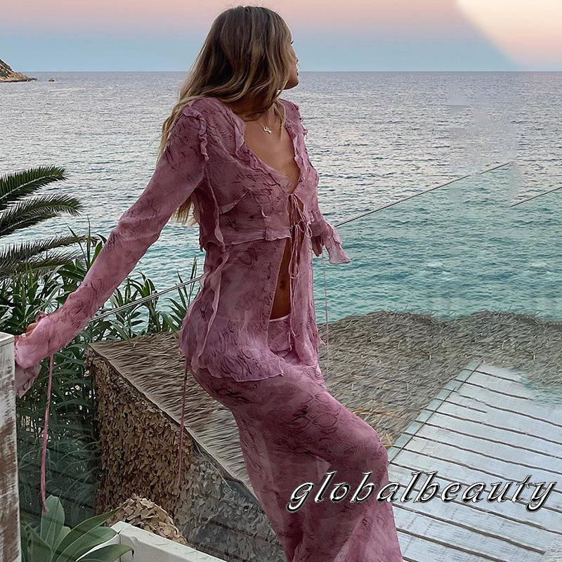 Bộ Trang Phục 2 Mảnh Gồm Áo Dài Tay Cổ Chữ V Thắt Dây Và Chân Váy Dài Thời Trang Mùa Xuân Cho Nữ