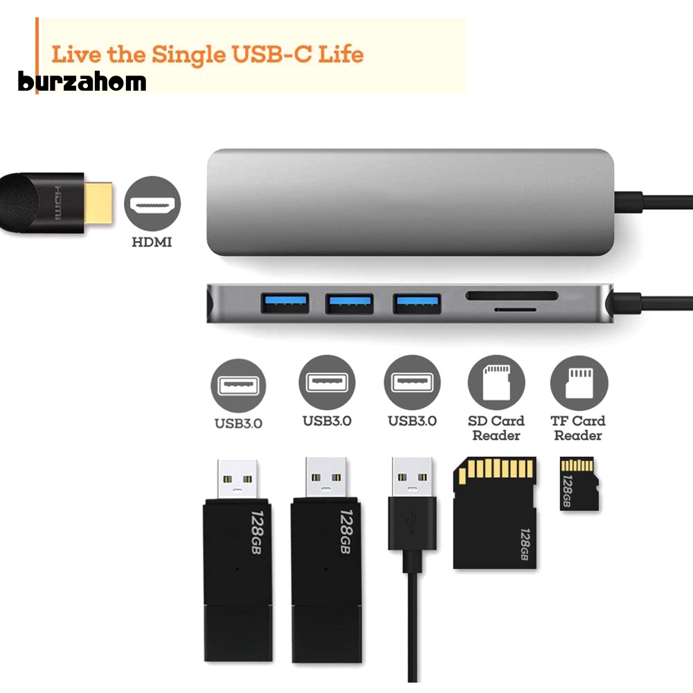 Đầu Chuyển Đổi 6 Trong 1 Type C Sang HDMI 4K 3 Cổng USB Cho Thẻ Micro-SD