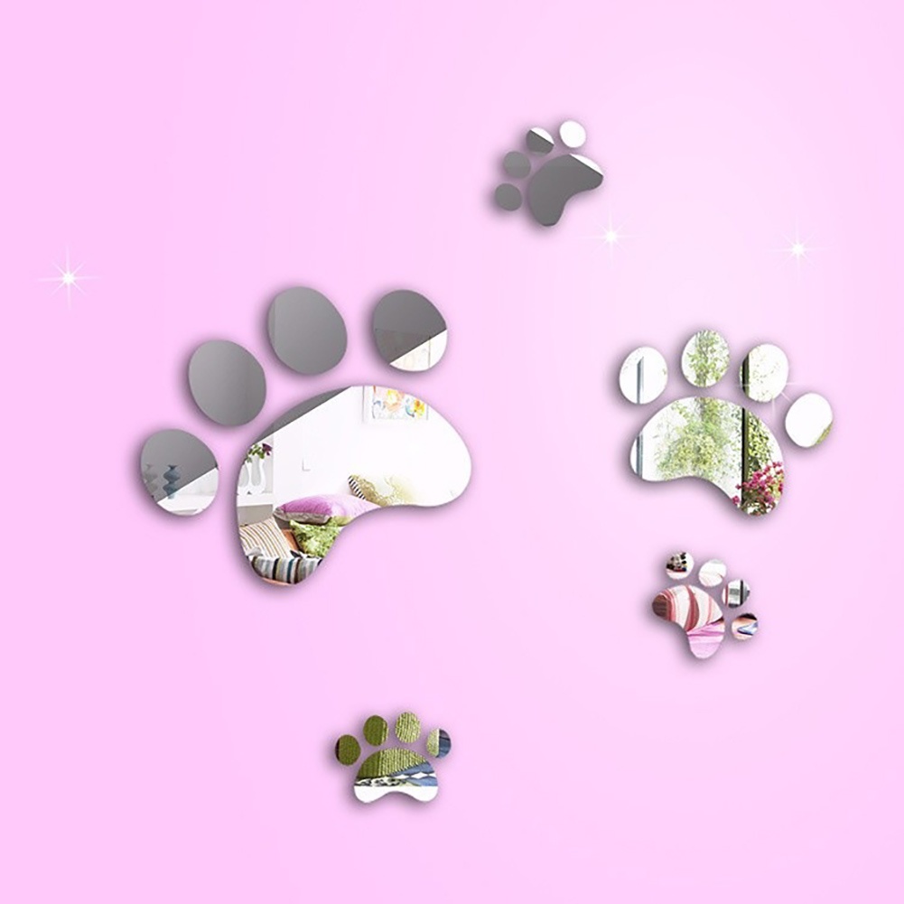 Bộ 4 Miếng Dán Tường Hiệu Ứng Gương Hình Dấu Chân Chó Trang Trí Nhà Cửa DIY