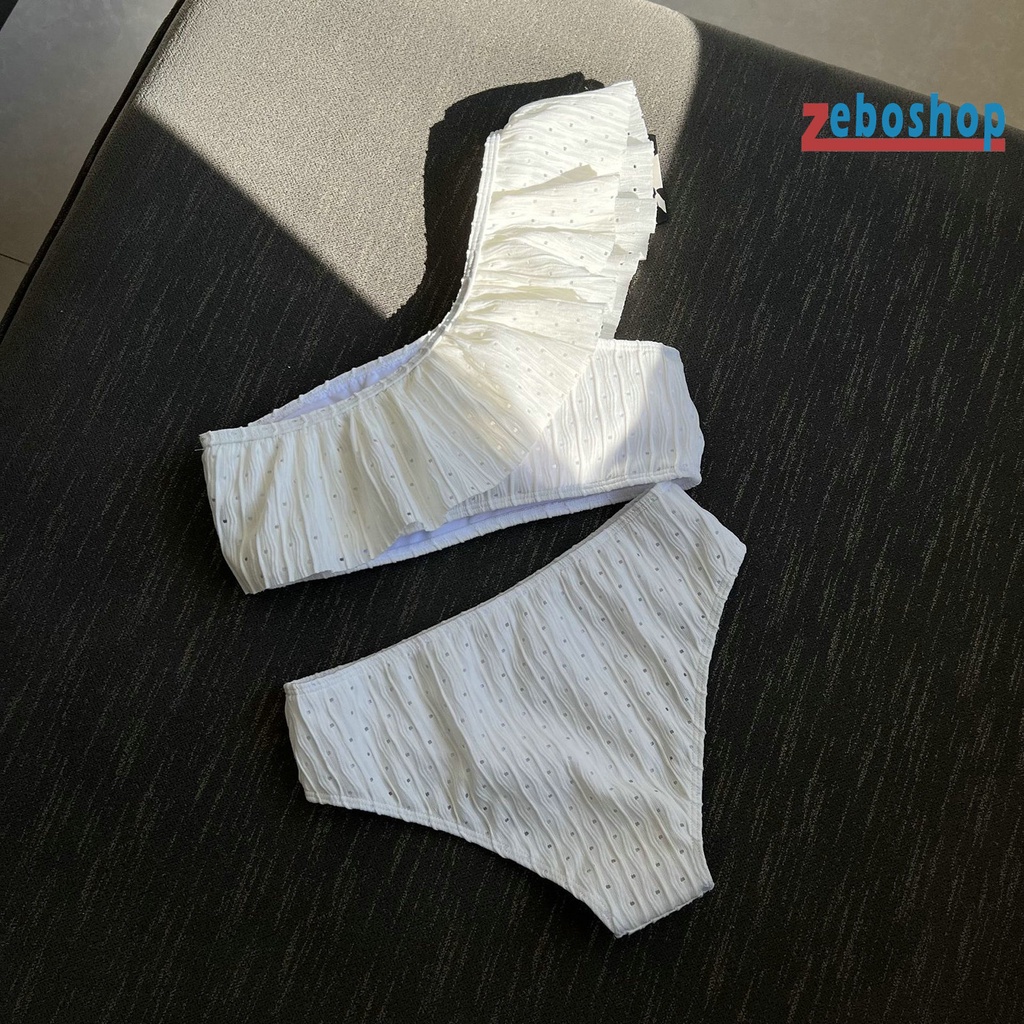 Bộ Đồ Bơi 2 Mảnh Màu Trơn Phối Bèo Và Quần Lưng Cao Mau Khô Thời Trang Cho Nữ