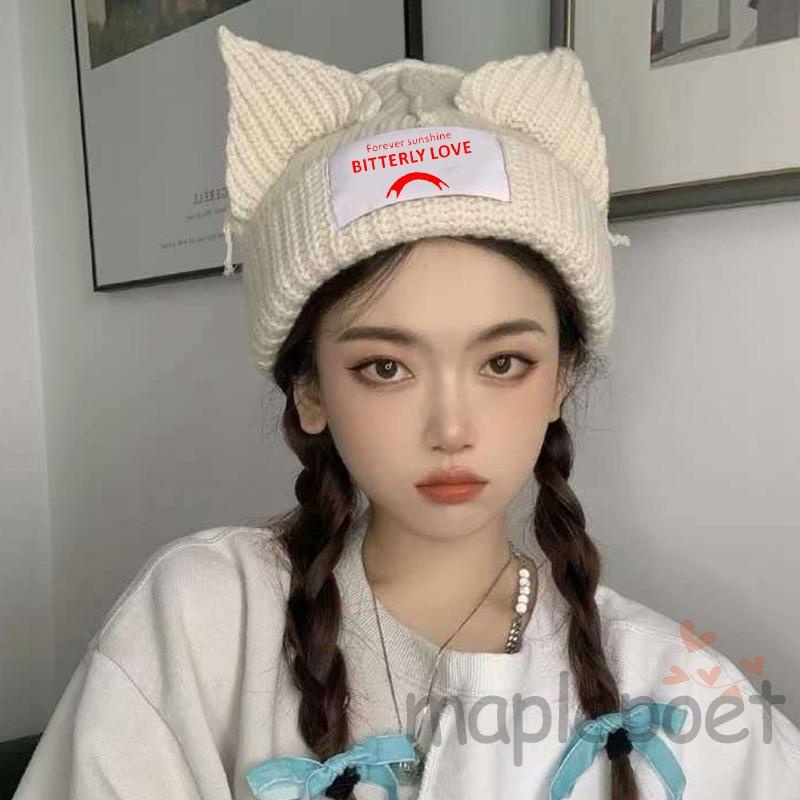 Mũ Len Beanie Dệt Kim In Họa Tiết Tai Mèo Thời Trang Thu Đông Màu Be / Đen / Xanh Dương