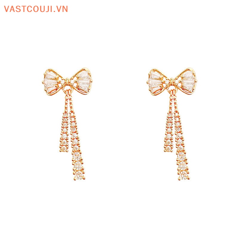 Khuyên Tai Dáng Dài Đính Đá Phối Tua Rua Phong Cách Hàn Quốc