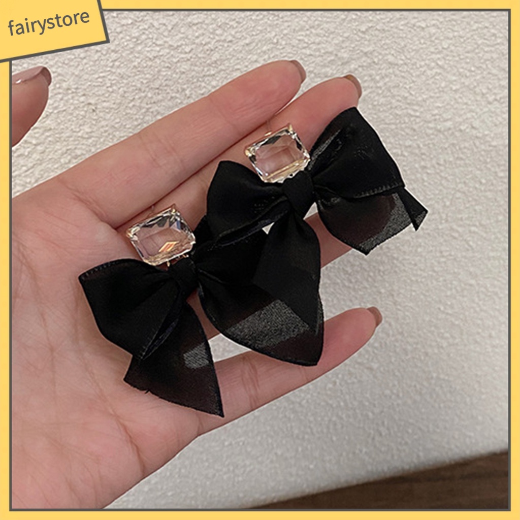 1 Đôi Bông Tai Dài Hình Nơ Bằng Vải Đính Đá Ngọt Ngào Dành Cho Nữ