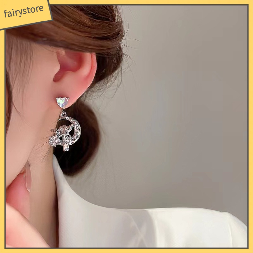 1 Đôi Bông Tai Hình Trái Tim Đính Đá Mặt Trăng Ngôi Sao Không Gây Dị Ứng Thời Trang