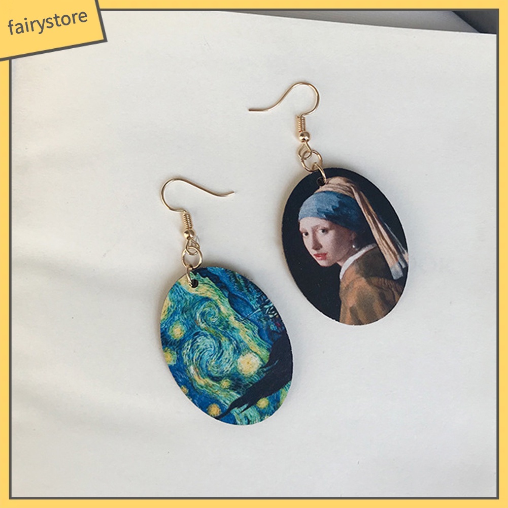 [FRO] Khuyên Tai Móc Bằng Gỗ Tráng Men Họa Tiết Tranh Sơn Dầu Không Đối Xứng Nich