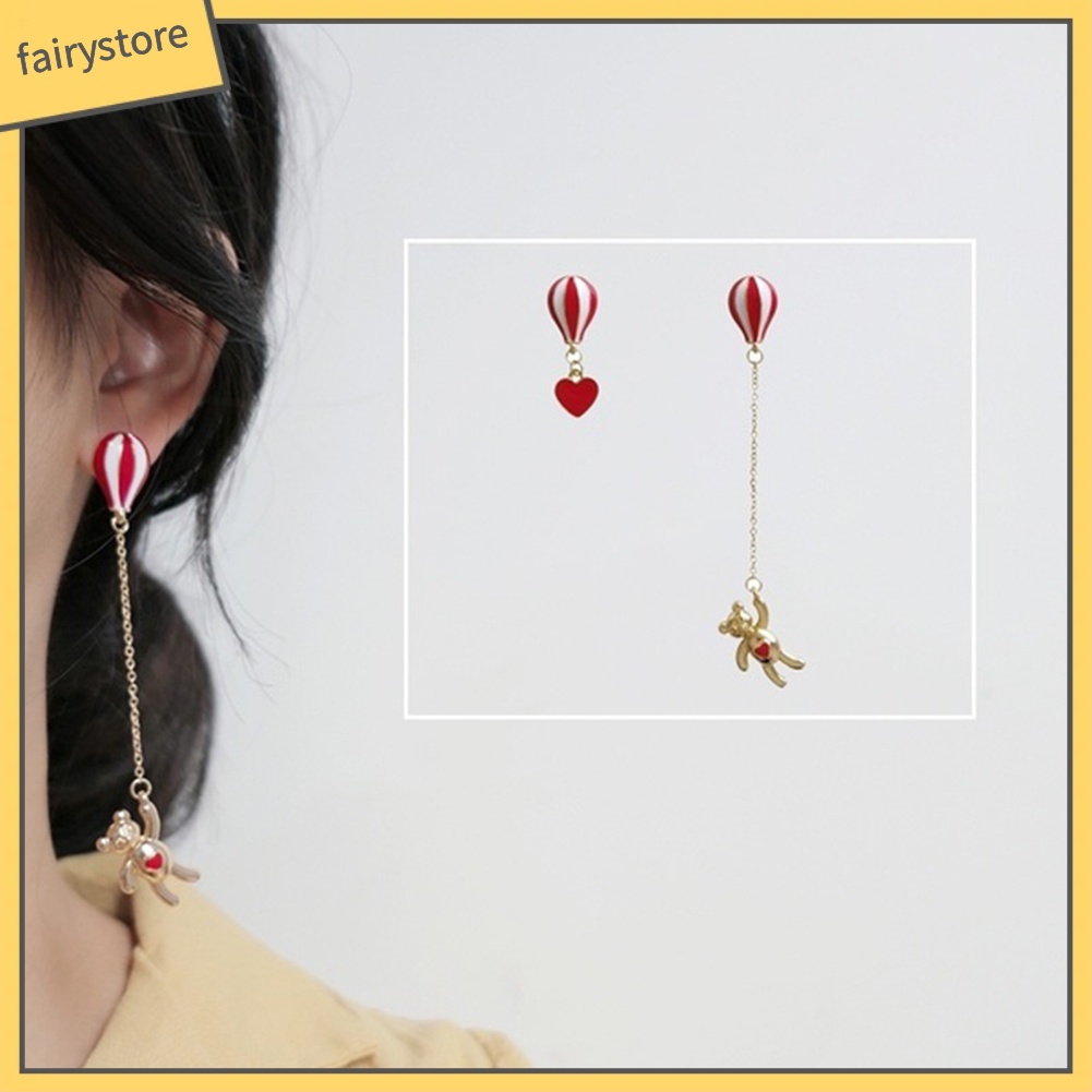 [FRO] Khuyên Tai Bất Đối Xứng Hình Khinh Khí Cầu Trái Tim Gấu Ngọt Ngào Cho Nữ