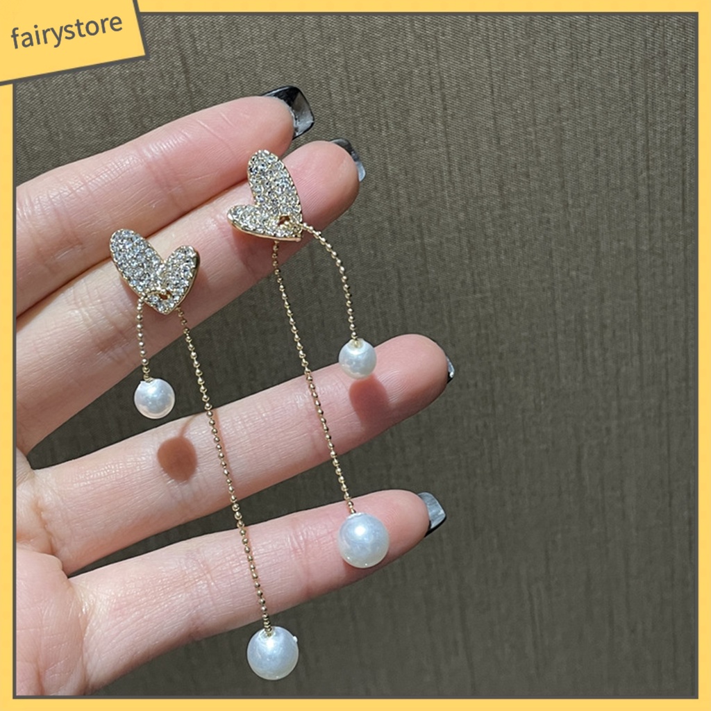 [FRO] Bông Tai Thả Dây Dài Hình Trái Tim Đính Kim Cương Giả Lấp Lánh Thanh Lịch Cho Nữ