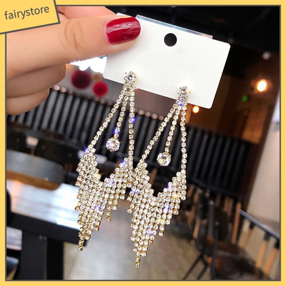 Bông Tai Dáng Dài Đính Đá Phối Tua Rua Sang Trọng Cho Nữ