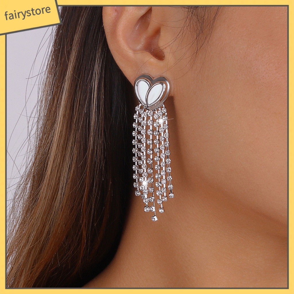 1 Đôi Bông Tai Dài Tua Rua Hình Trái Tim Đính Đá Kiểu Pháp