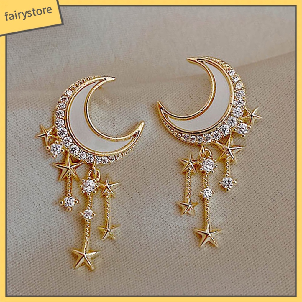 1 Đôi Bông Tai Hình Mặt Trăng Và Ngôi Sao Đính Đá Lấp Lánh Dành Cho Nữ