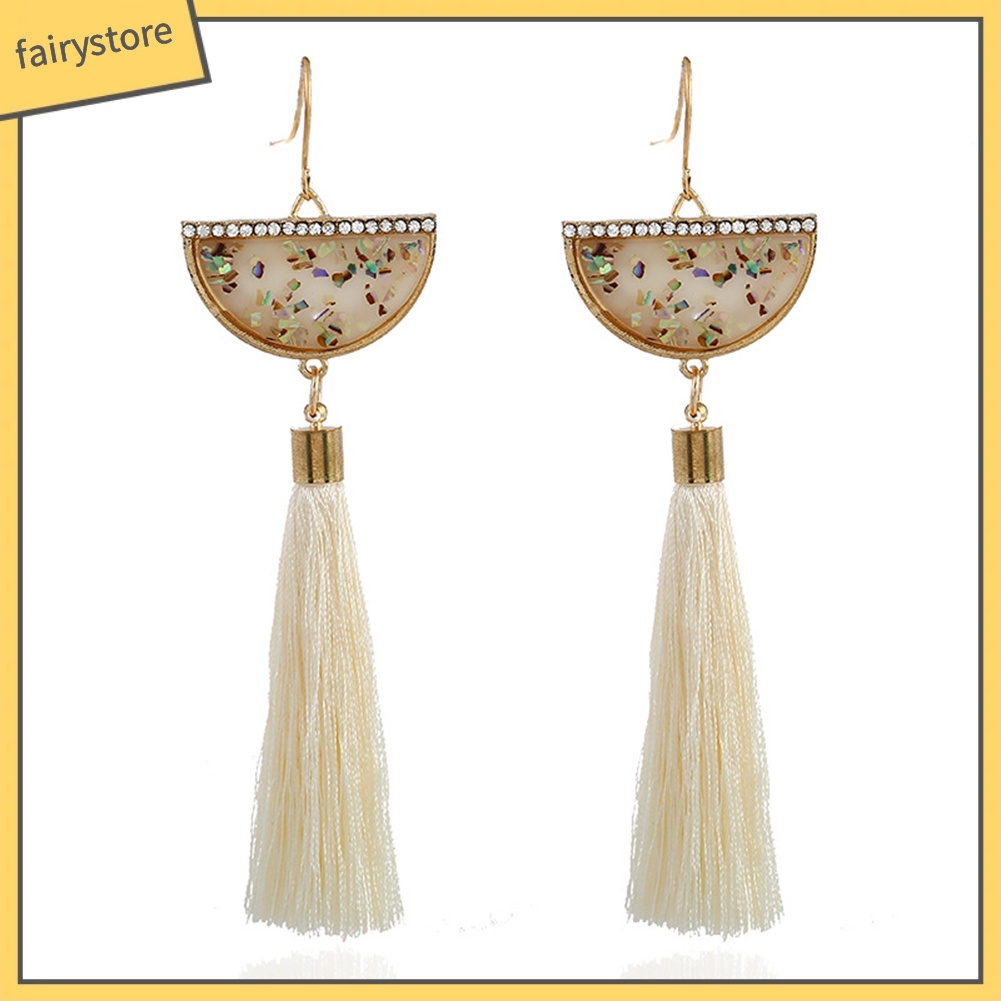 Bông Tai Dáng Dài Đính Đá Phối Tua Rua Hình Quạt Phong Cách Dân Tộc Cổ Điển Thời Trang Cho Nữ