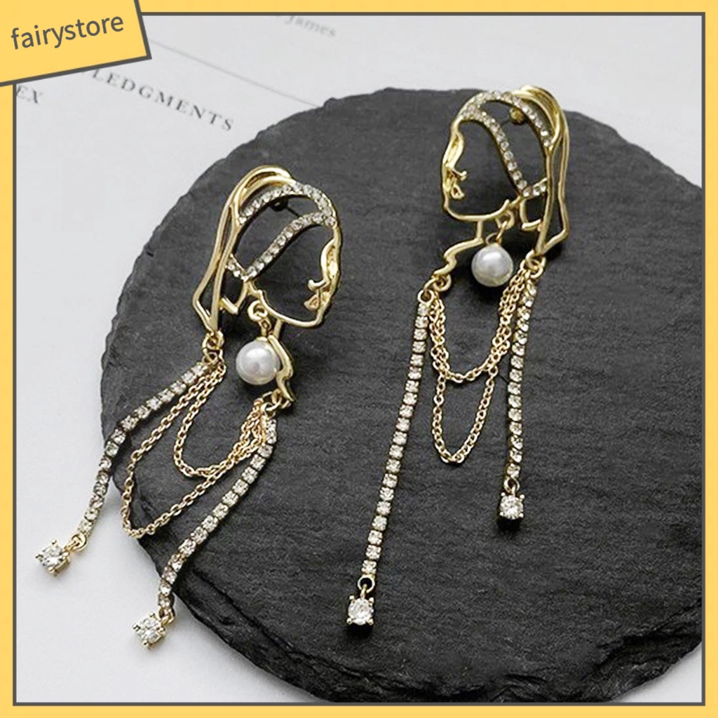 1 Đôi Bông Tai Nữ Đính Ngọc Trai Giả Hình Chân Dung Tua Rua Phong Cách Trừu Tượng