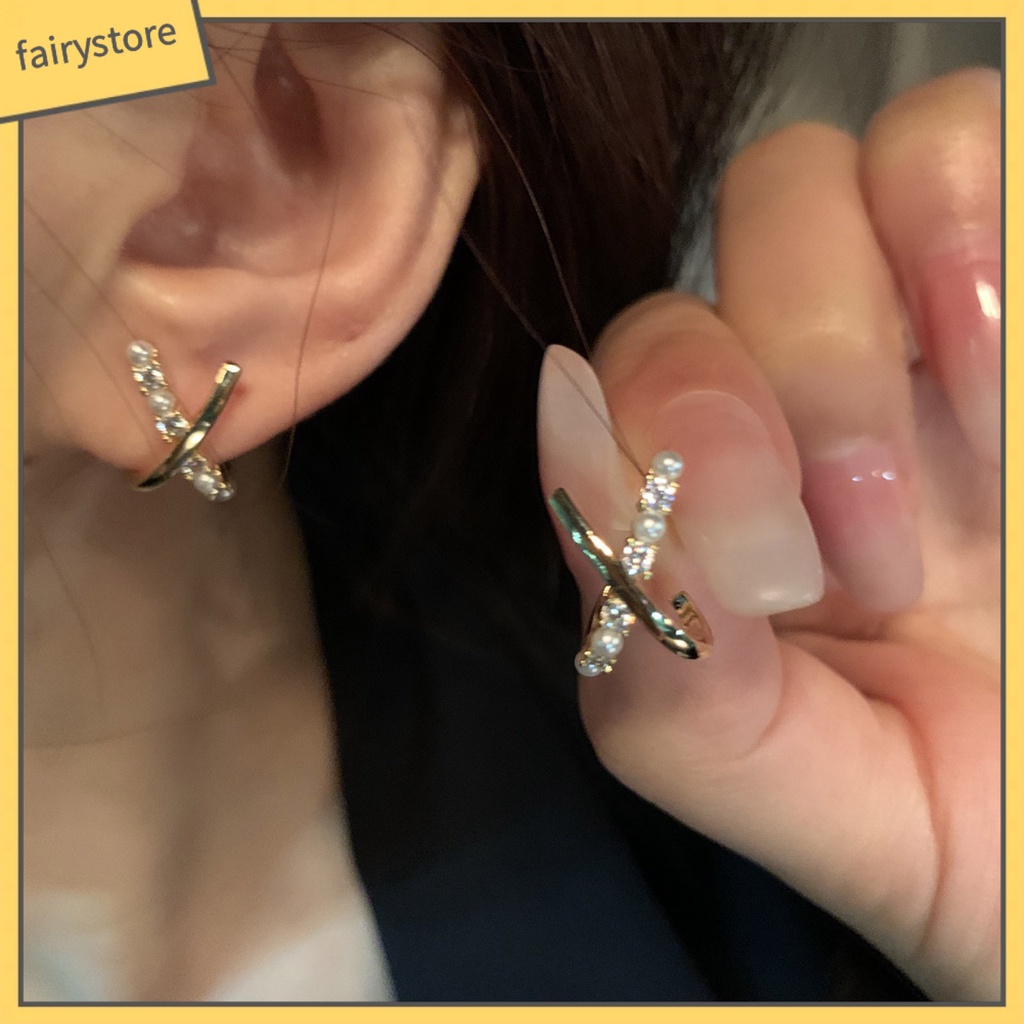 [FRO] 1 Đôi Bông Tai Đinh Tán Mạ Điện Thiết Kế Hình Học Chéo Đính Ngọc Trai Giả Sáng Bóng Nhẹ Nhàng Mặc Hàng Ngày