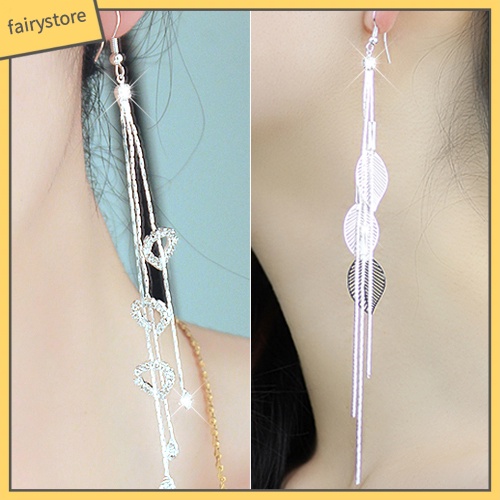 [FRO] Bông Tai Móc Dáng Dài Tua Rua Đính Đá Hình Trái Tim Lá Sang Trọng Cho Nữ