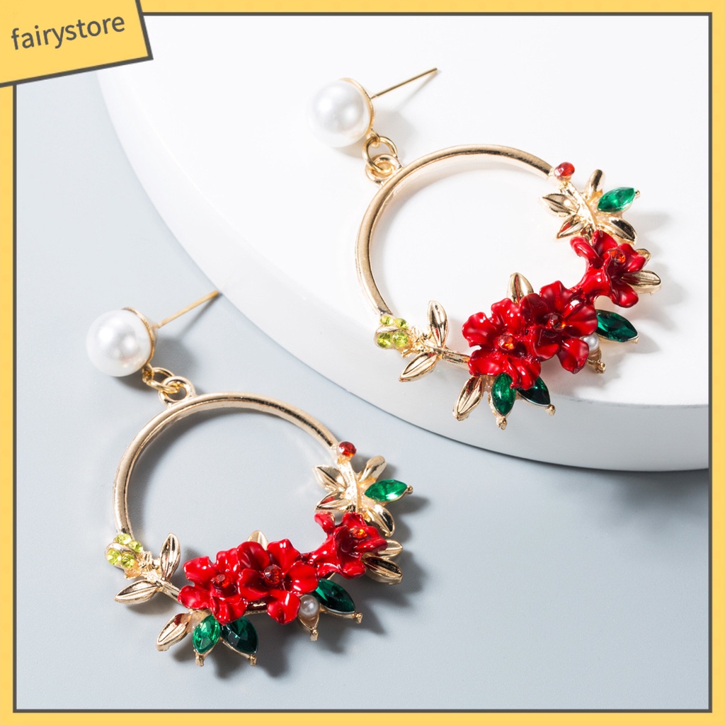 1 Đôi Bông Tai Tròn Đính Đá &amp; Ngọc Trai Giả Hình Hoa Dễ Thương