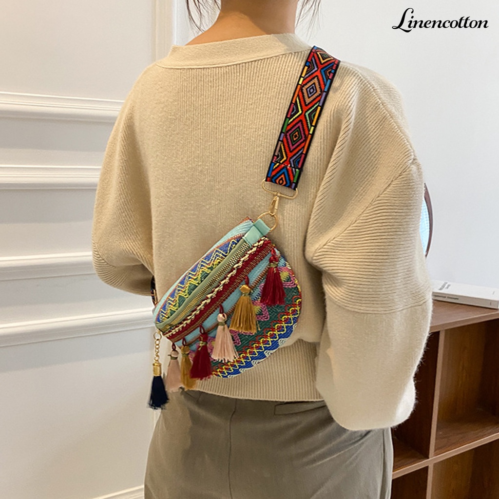 Túi Đeo Chéo Ngực Khóa Kéo Phối Tua Rua Phong Cách Bohemian