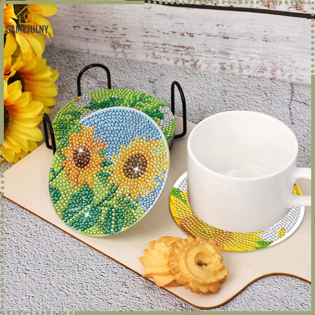 Bộ 8 Đế Lót Ly Tròn Họa Tiết Hoa Hướng Dương Đính Đá Thủ Công Kèm Giá Đỡ Tiện Dụng Cho Người Mới Bắt Đầu