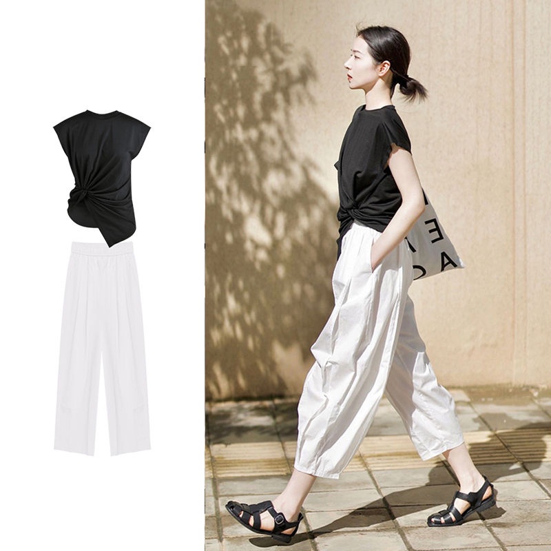 Set Áo Thun Ngắn Tay Và Quần Dài Thời Trang Mùa Hè Phong Cách Pháp Cho Nữ