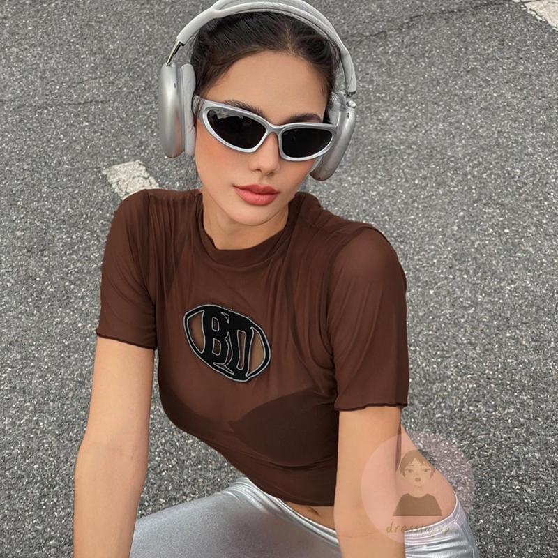 Áo Thun Tay Ngắn Cổ Tròn In Chữ Phối Lưới Thời Trang Cho Nữ