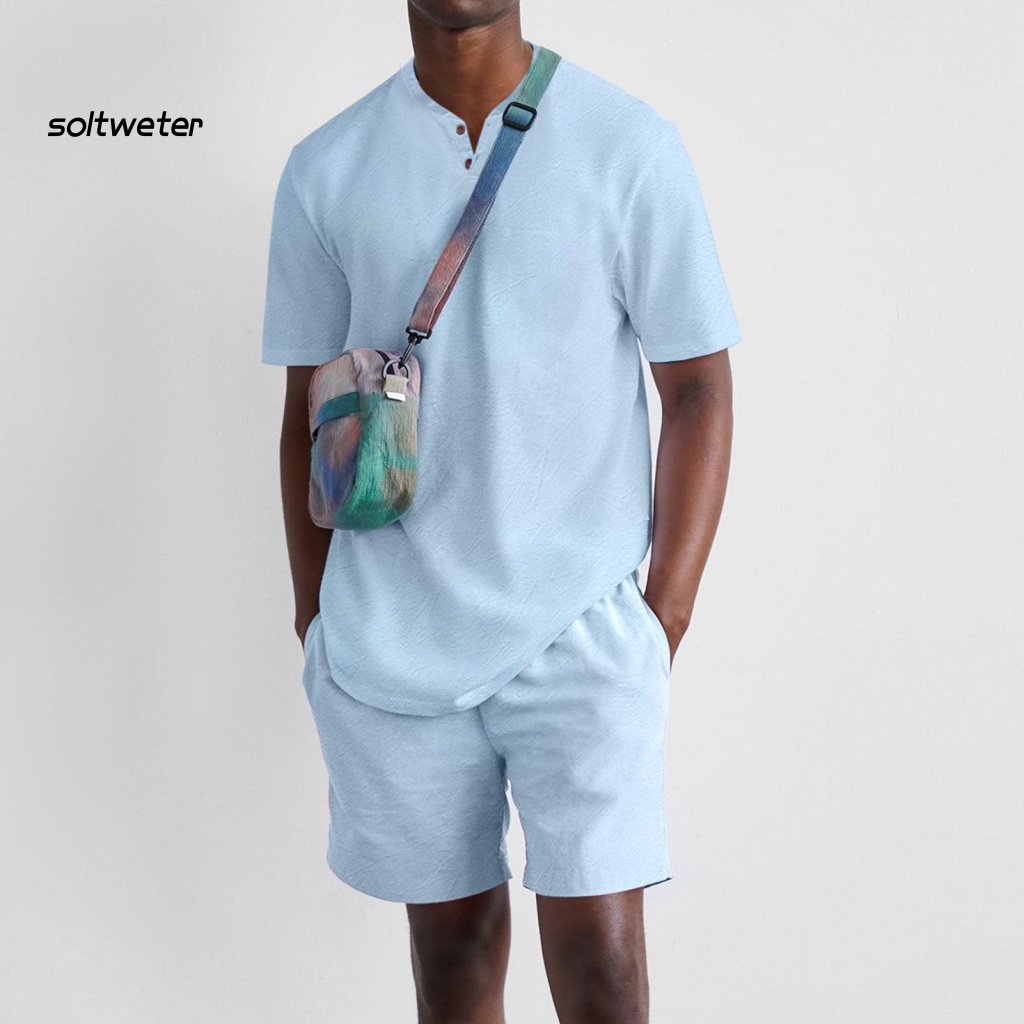 Bộ Trang Phục 2 Mảnh Gồm Áo Tay Ngắn Cổ Chữ V Màu Sắc Đơn Giản Và Quần Short Lưng Thun Thời Trang Mùa Hè Cho Nam