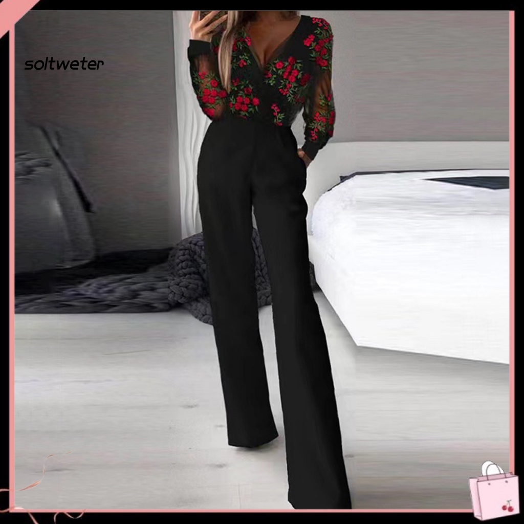 Áo Liền Quần Tay Dài Cổ Chữ V Phối Lưới Thêu Hoa Dáng Ôm Xuyên Thấu Thời Trang Mùa Xuân Cho Nữ