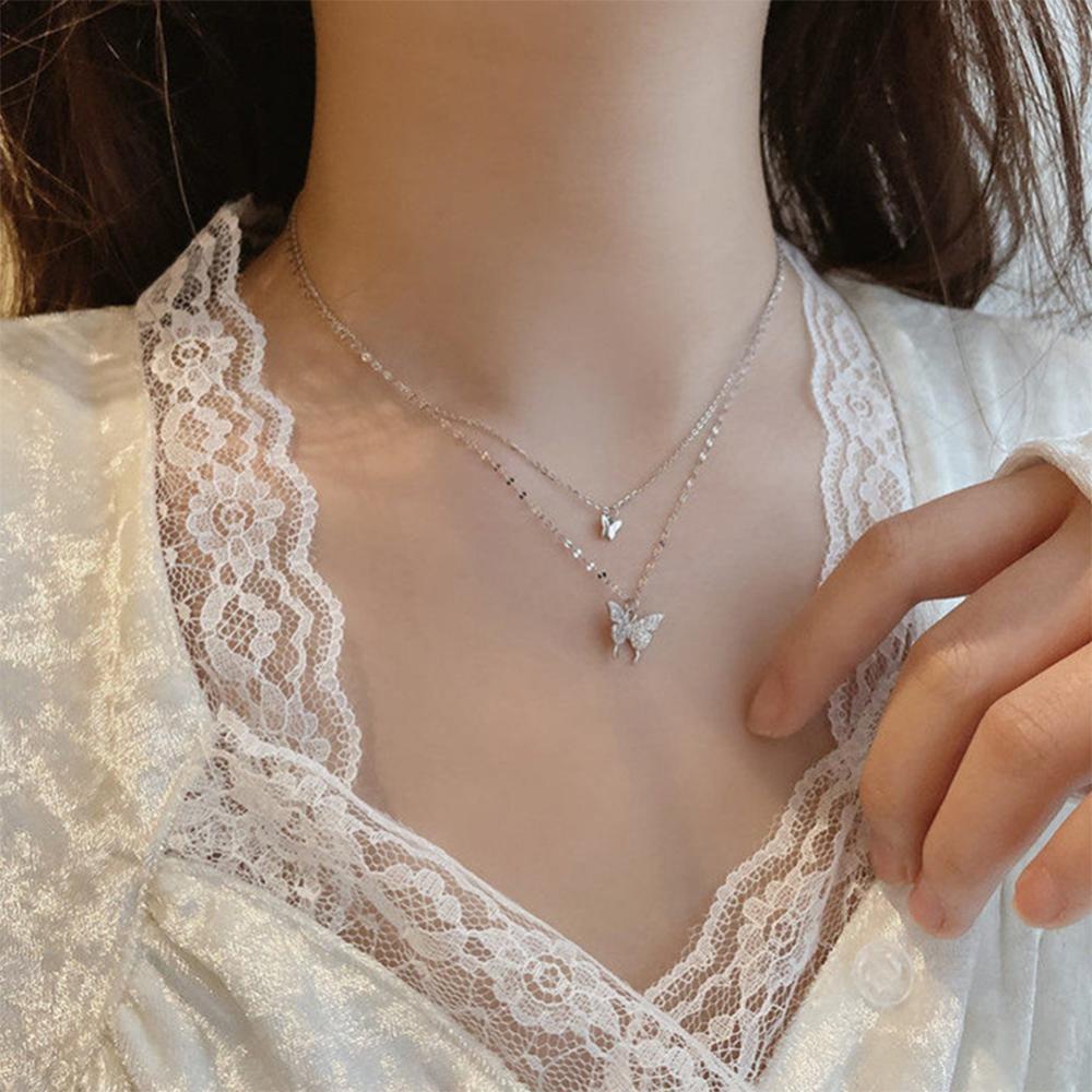 Vòng cổ Hai Lớp Bằng Hợp Kim Mặt Hình Bướm Đính Đá Lấp Lánh Cho Nữ P8Y5