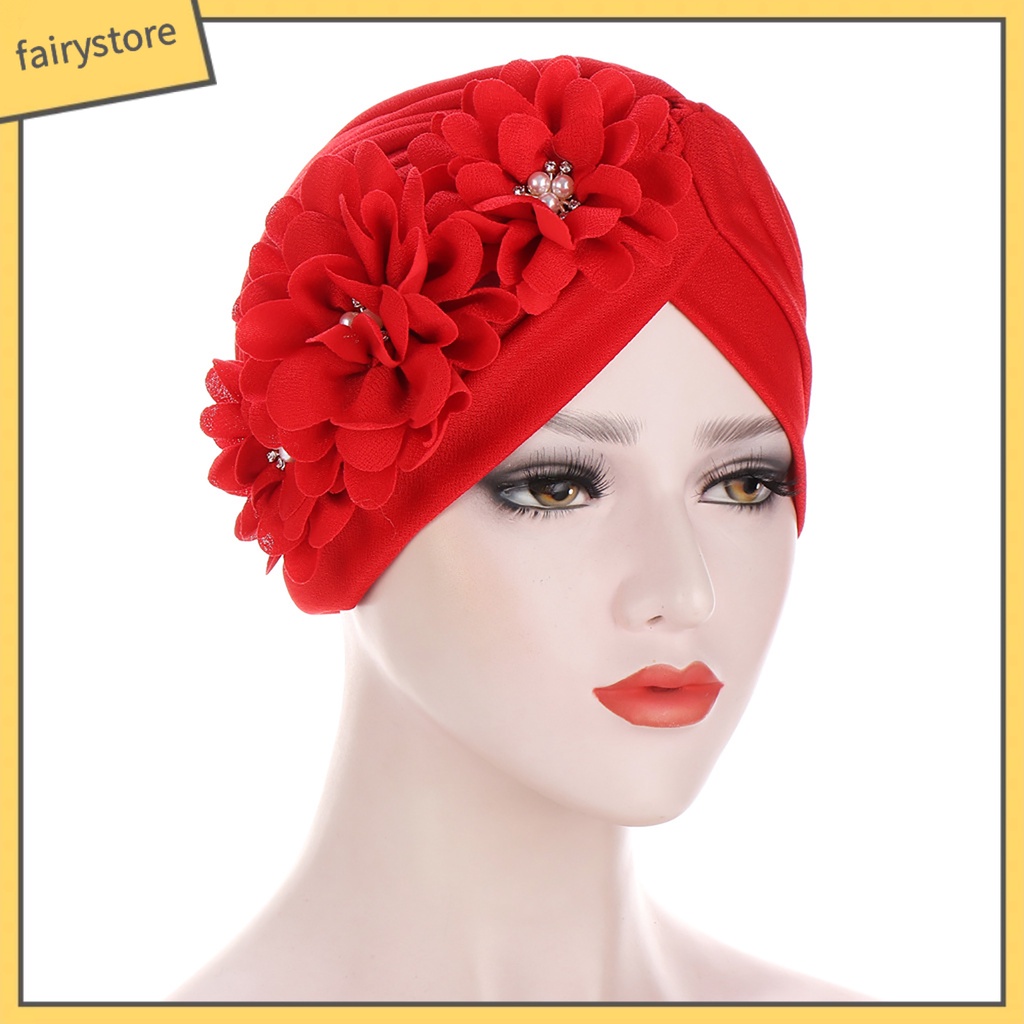 Mũ Turban Trùm Đầu Co Giãn Thiết Kế Ba Bông Hoa Thời Trang