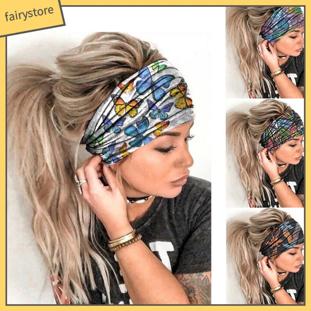 Băng Đô Cài Tóc Bản Rộng Co Giãn In Họa Tiết Hoa Lá / Bướm Thời Trang Cho Nữ