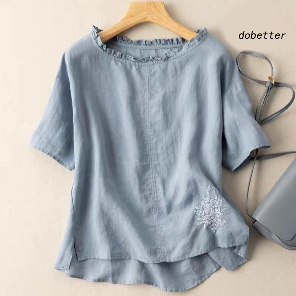 Áo Thun Ngắn Tay Cổ Tròn Thêu Hoa Màu Trơn Thời Trang Mùa Hè Cho Nữ