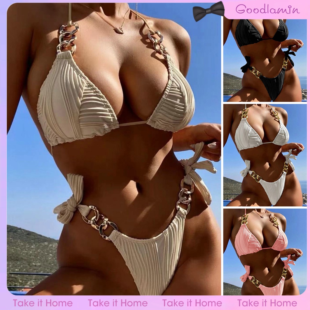 Goodlaminyz Bộ Bikini 2 Mảnh Dây Xích Điều Chỉnh Được Dây Xích Nối Tam Giác Micro High