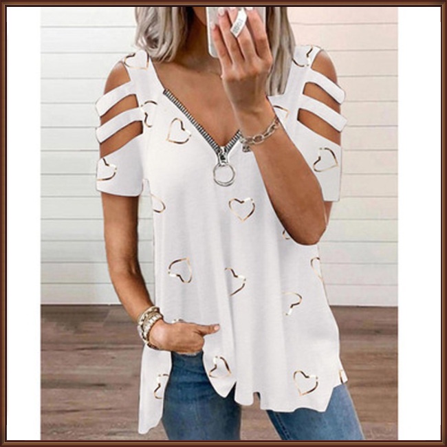 Áo Thun Tay Ngắn Cổ Chữ V Dáng Rộng Có Khóa Kéo In Họa Tiết Tinh Tế Thời Trang Cho Nữ