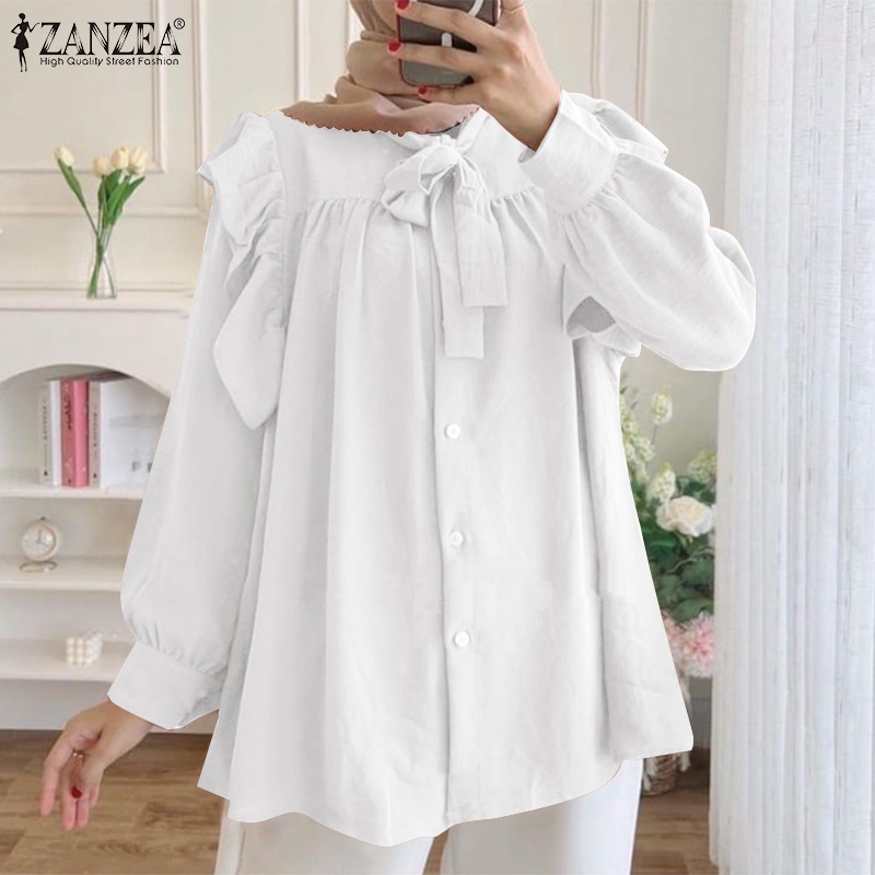 Zanzea Áo Sơ Mi Tay Dài Phồng Xếp Ly Cài Nút Trước Thời Trang Cho Nữ