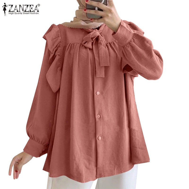 Zanzea Áo Sơ Mi Tay Dài Phồng Xếp Ly Cài Nút Trước Thời Trang Cho Nữ