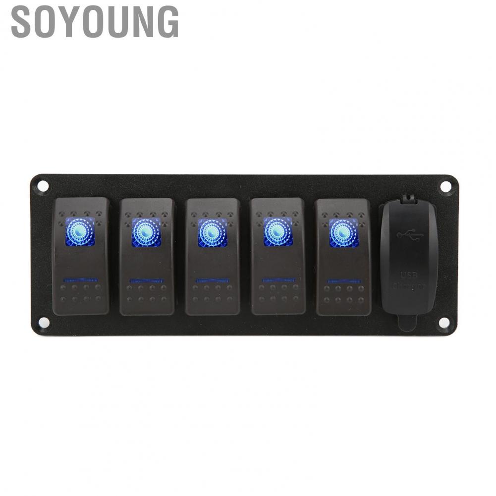Soyoung 12V-24V 5 Gang Rocker Switch Panel with Dual USB 5V3.4A Blue Backlight  for Marine Boat Car Truck