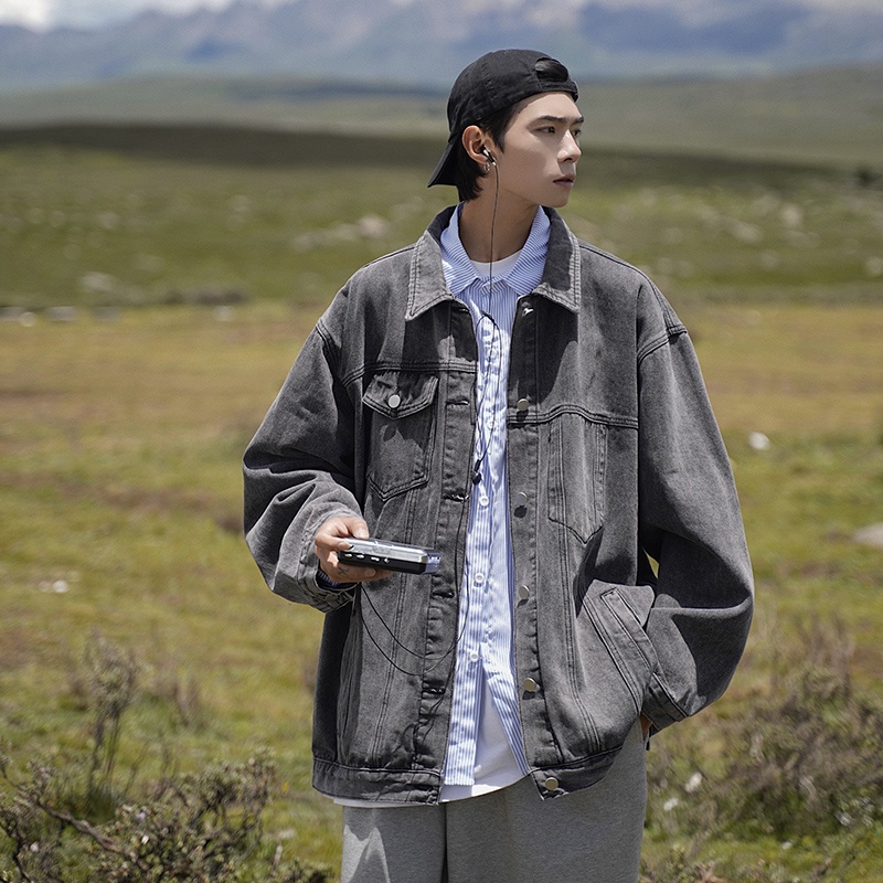 Áo Khoác Denim Phối Túi Kiểu Retro Đường Phố Nhật Bản Thời Trang Xuân Thu Cho Nam