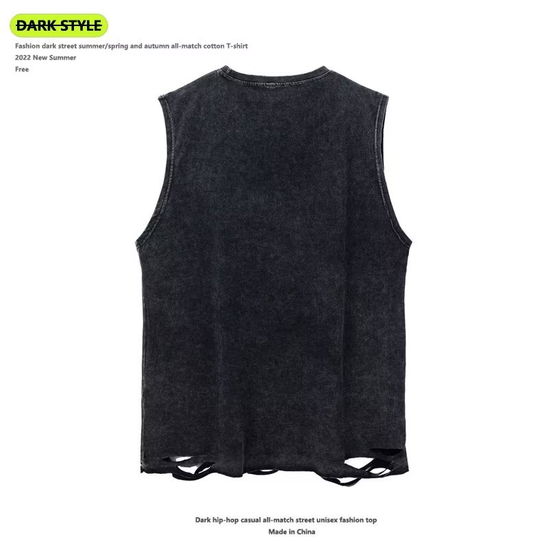 Áo Thun Cotton Không Tay Rách Gối Màu Trơn Phong Cách Hip Hop Đường Phố Âu Mỹ Cho Nam