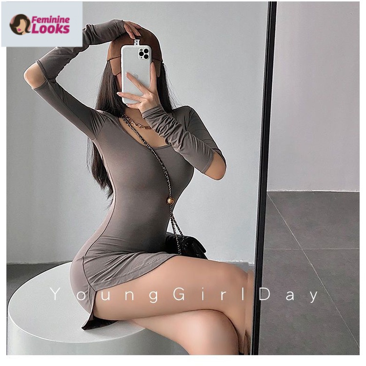 Đầm Ngắn Ôm Eo Tay Dài Cổ Tròn Màu Trơn Quyến Rũ