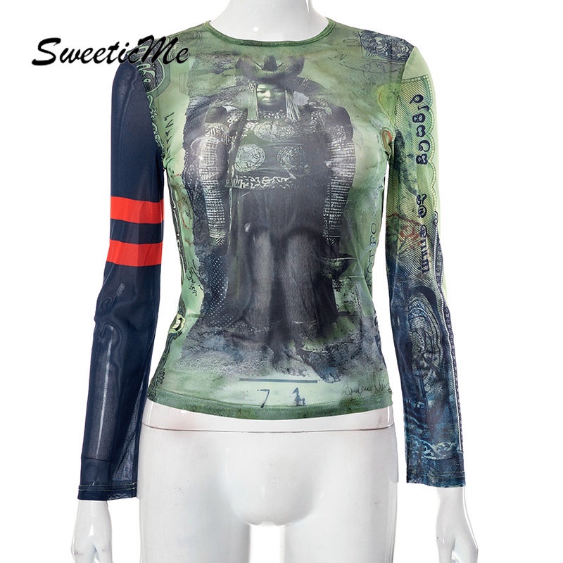 Áo Thun Tay Dài Cổ Tròn In Họa Tiết Màu Tương Phản Thời Trang 2023 Cho Nữ