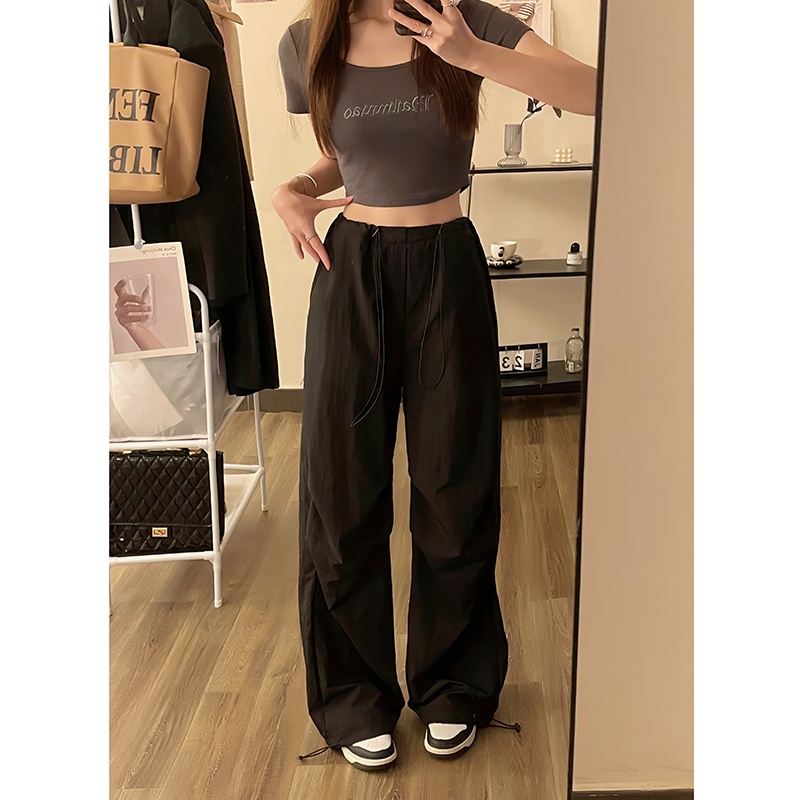 SUXI Quần ống rộng Lưng Cao Phối Dây Rút Thời Trang Mùa Hè Phong Cách Vintage